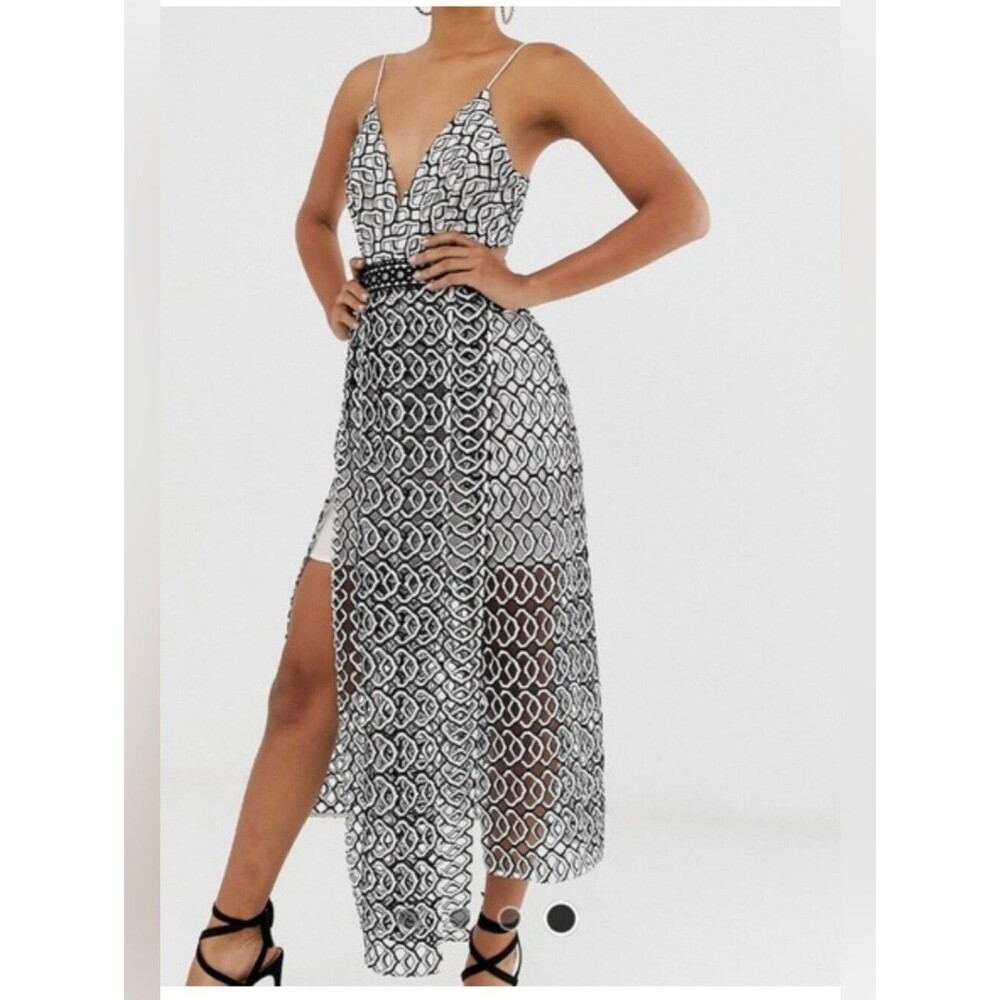 New ASOS Black White Geometric Lace Maxi Dress Size 10 Whimsical Party Night Out